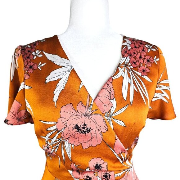 Express Faux Wrap Floral Rust Mustard Yellow Sexy Back Fit & Flare Mini Dress - Picture 3 of 9